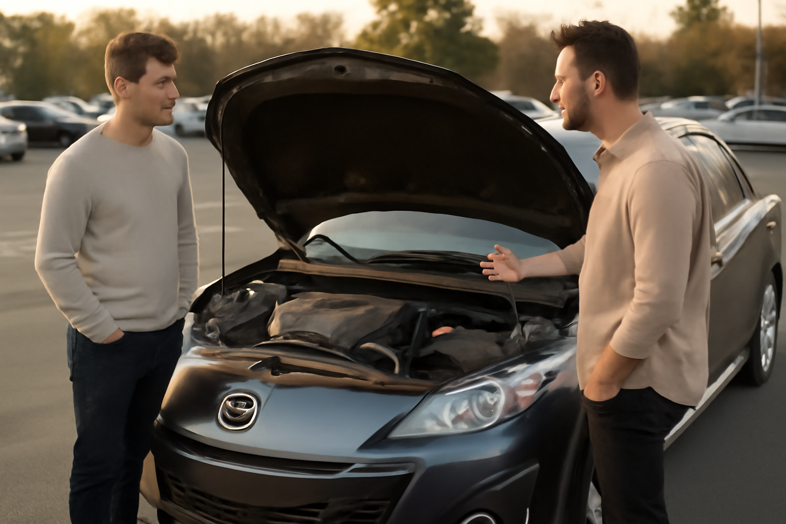 Mazda 3 MPS d’occasion inspectée avant achat, capot ouvert et contrôles visuels