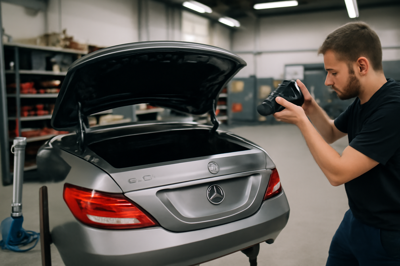 Points de fixation et charnières d’un hayon Mercedes CLS 218/C218 pour vérifier la compatibilité