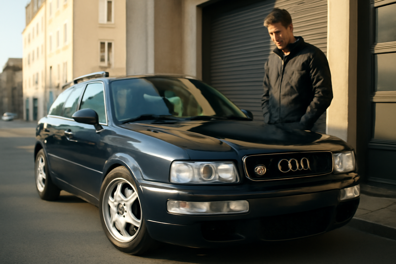 221 Audi RS2 noire garée près d’un garage, lumière du matin, détails carrosserie et jantes