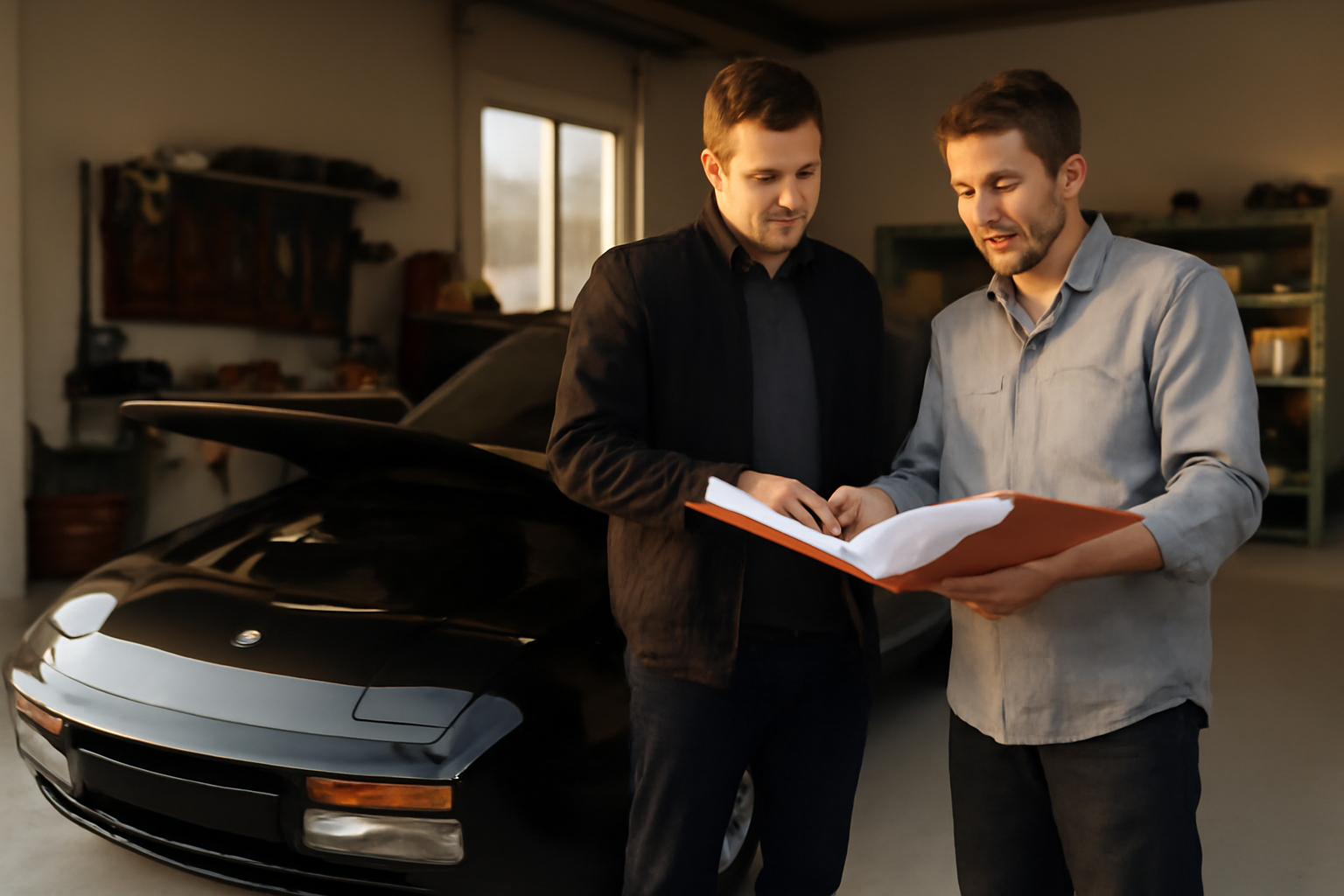 Porsche 944 d’occasion en France, acheteur inspectant une 27 Porsche 944