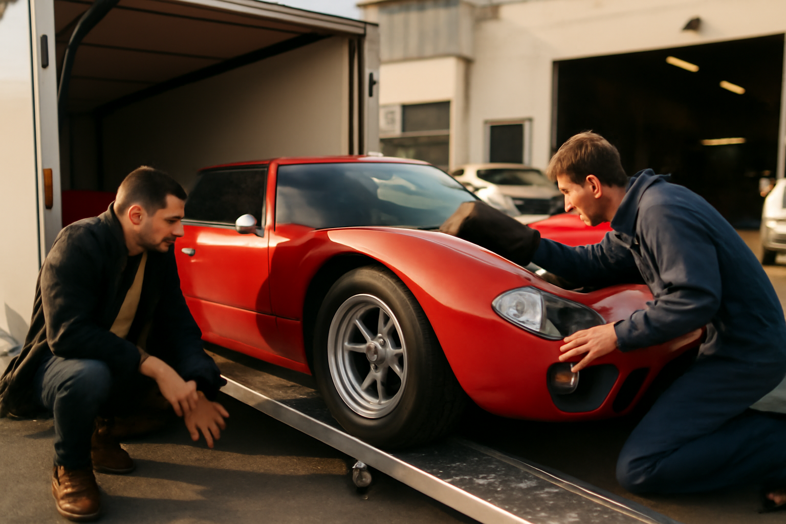 34 ford gt40 sur remorque fermée, inspection avant achat en France, lumière de fin d’après-midi