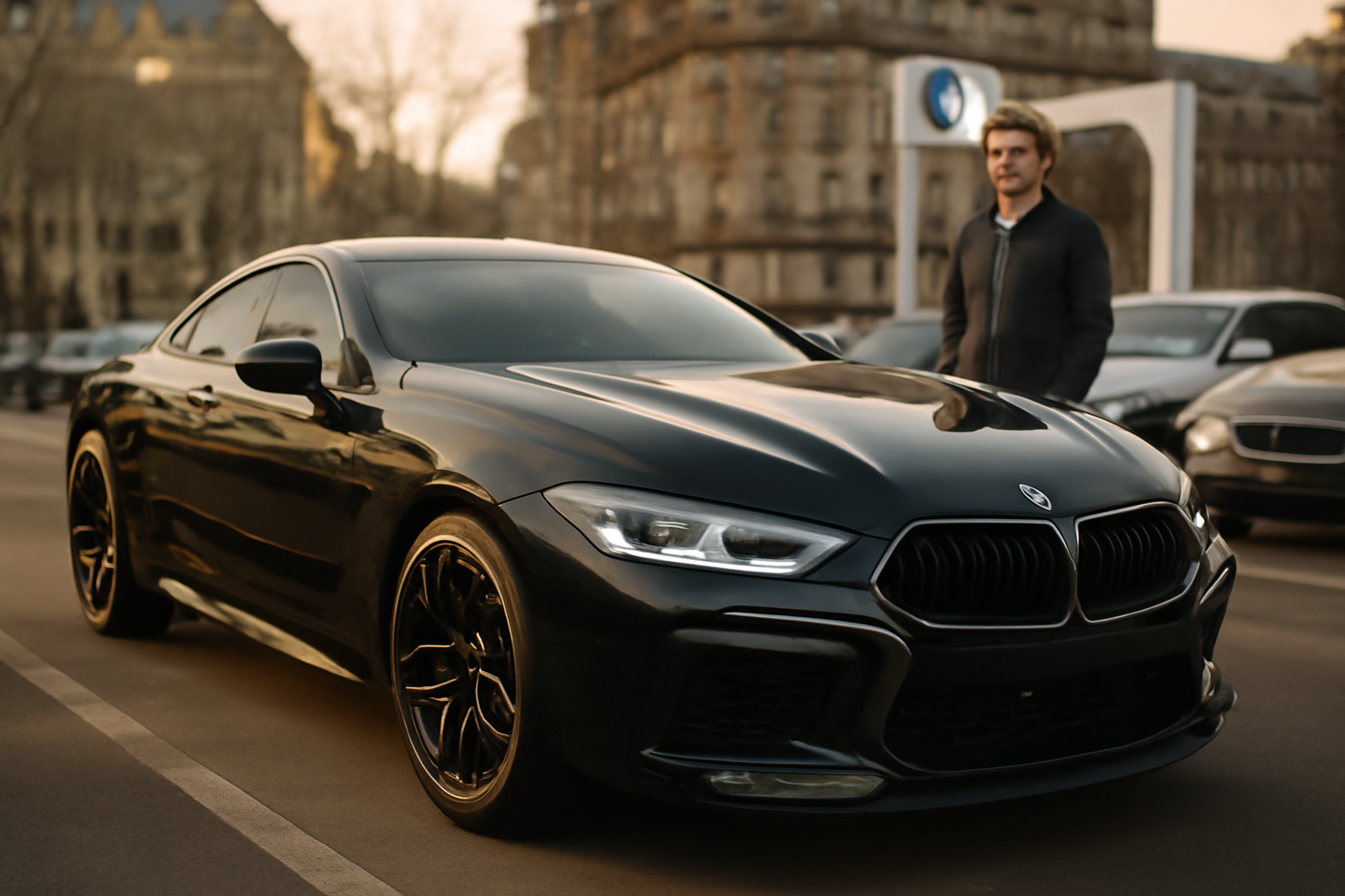 38 bmw m8 noire garée près d’un centre Porsche ou BMW à Paris, lumière de fin d’après-midi, scène photo réaliste