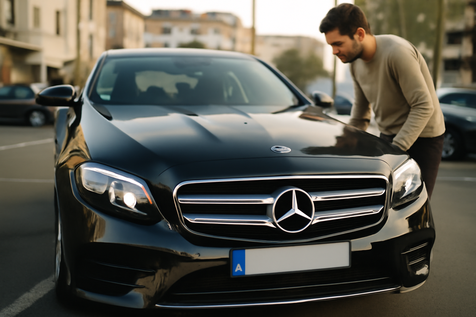 Mercedes 220d diesel : vue avant au soleil, calandre et phares, pour comparer le prix et l’état