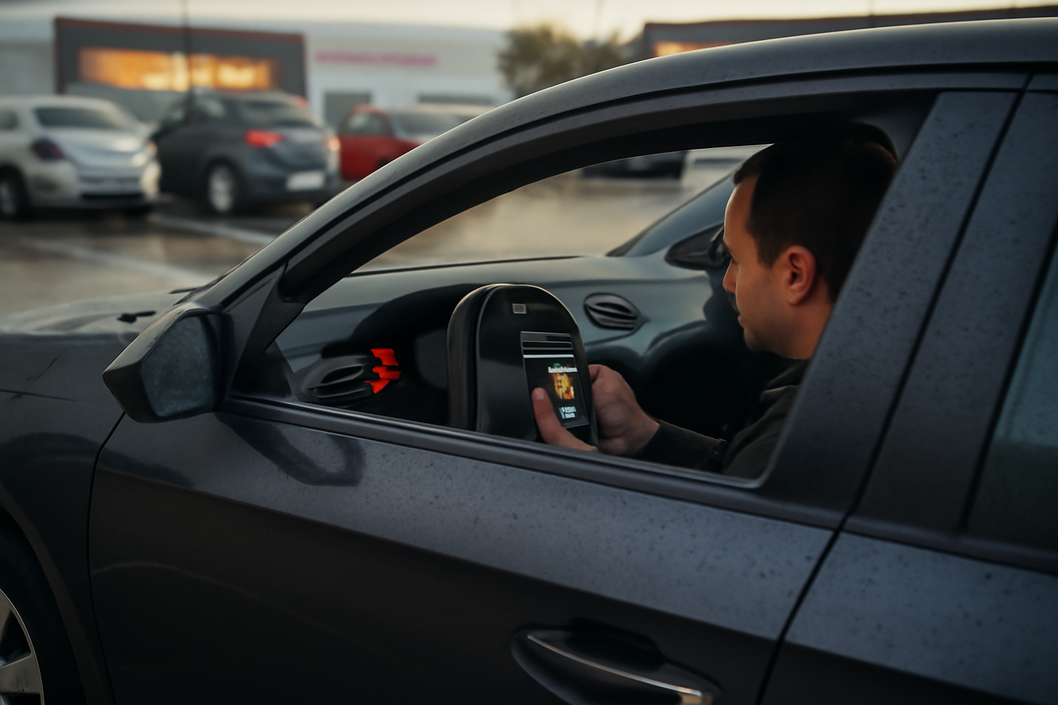 Voyant ESC allumé sur tableau de bord d’une voiture en stationnement, route humide en arrière-plan, photo réaliste