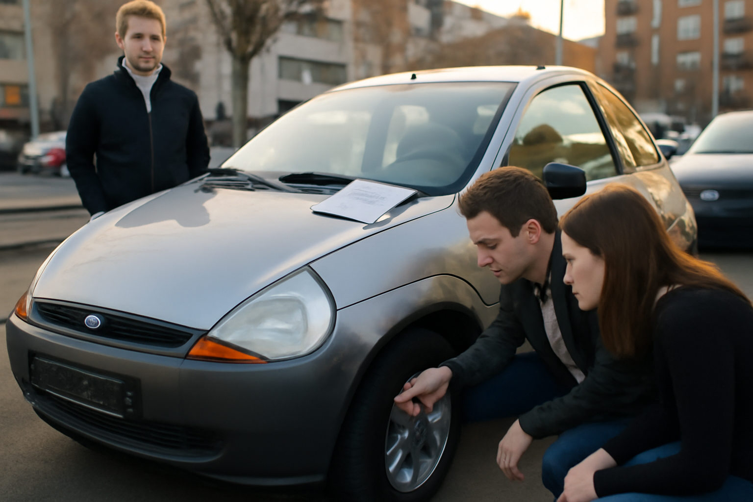 Ford Ka d’occasion en inspection avant achat, contrôle visuel de la carrosserie et des pneus