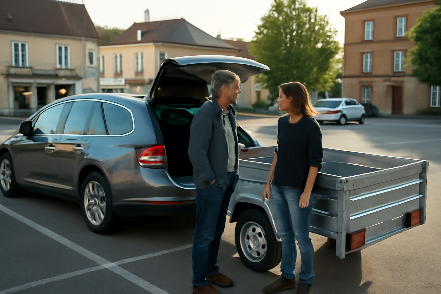 Location remorque particulier près de chez vous : remorque plateau attelée sur parking en France, lumière de fin d'après-midi