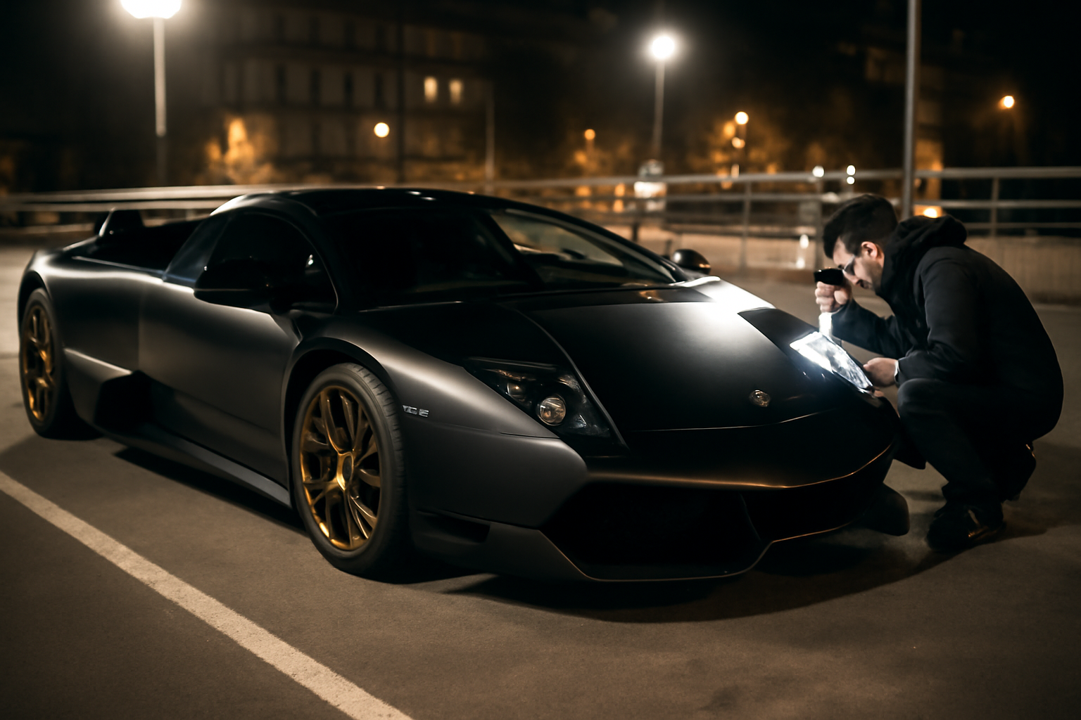 murcielago lp670 sv garée de nuit, détails carbone et aileron arrière, scène photo réaliste