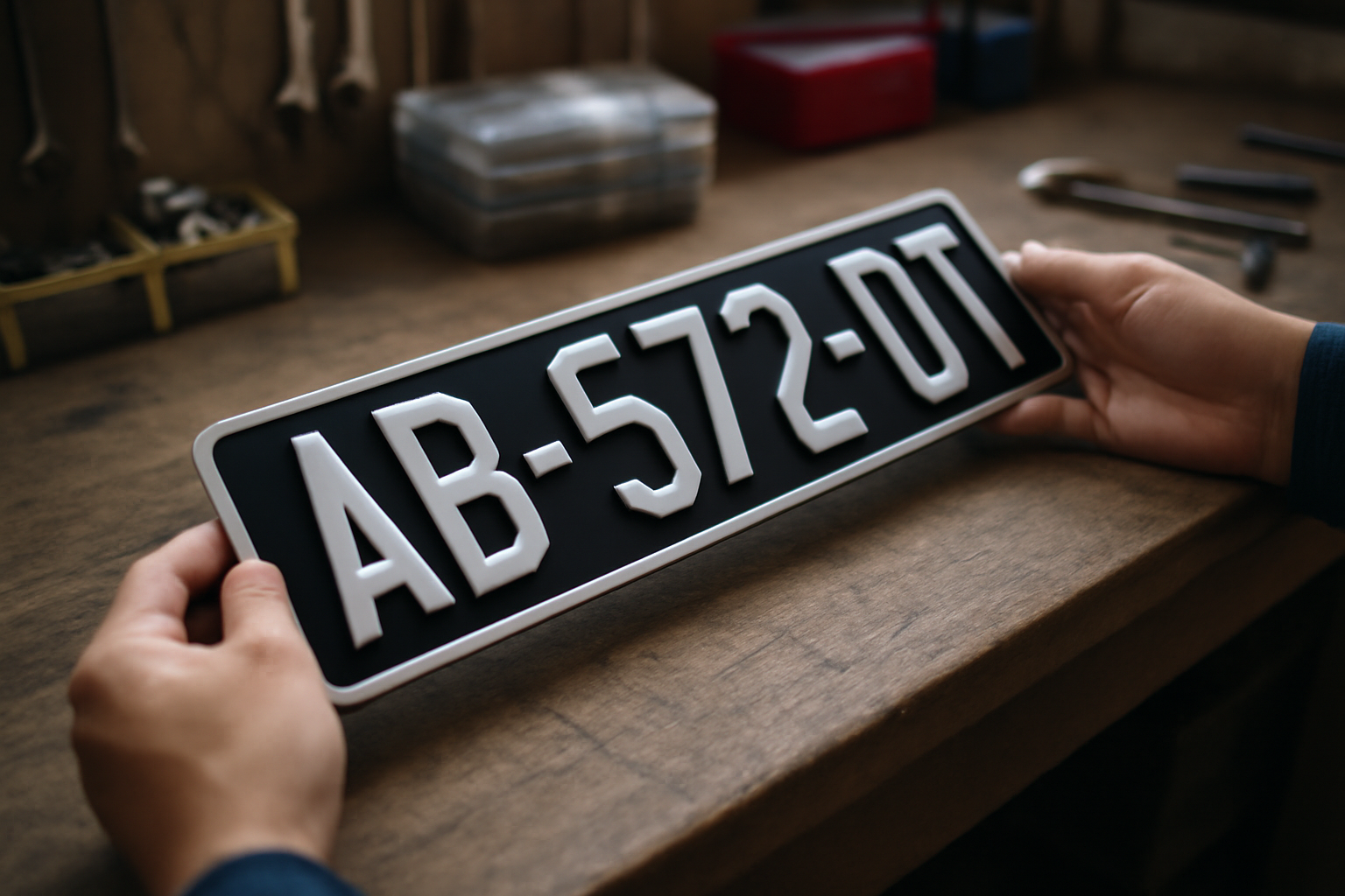 Plaque immatriculation collection à fond noir et caractères blancs, vue proche sur établi