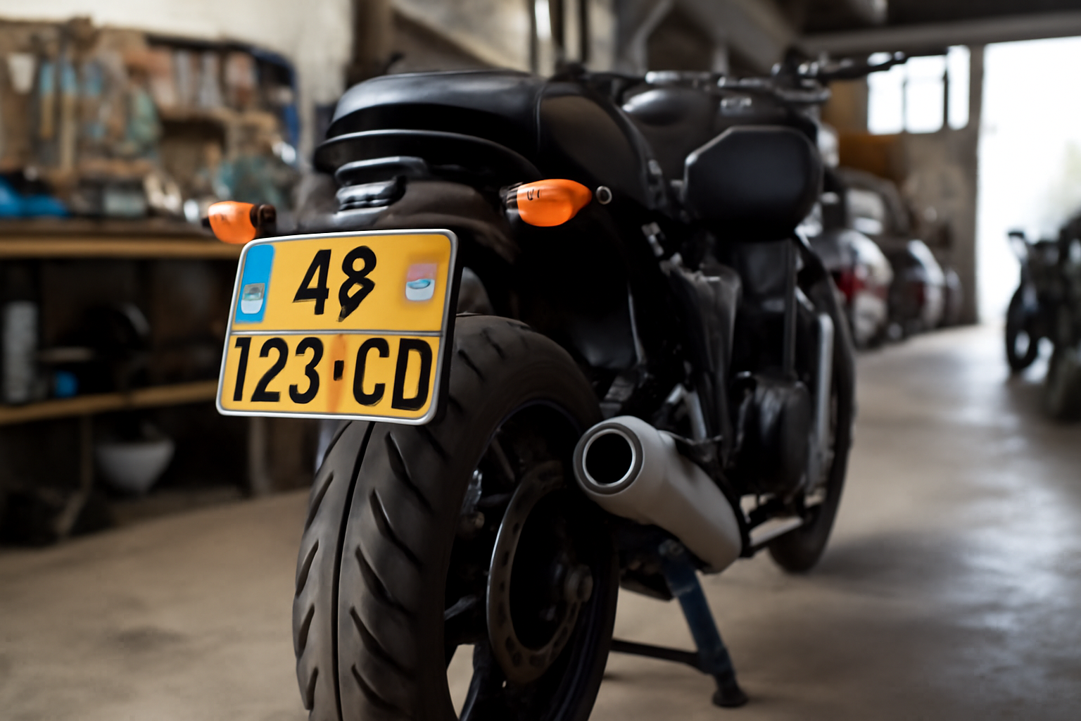 Plaque immatriculation moto homologuée 210x130 mm prête à être montée sur une moto noire, atelier lumineux