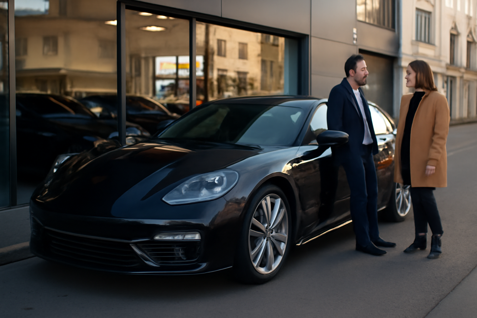 Porsche Panamera garée devant un concessionnaire à Paris, lumière de fin d’après-midi, scène photo réaliste