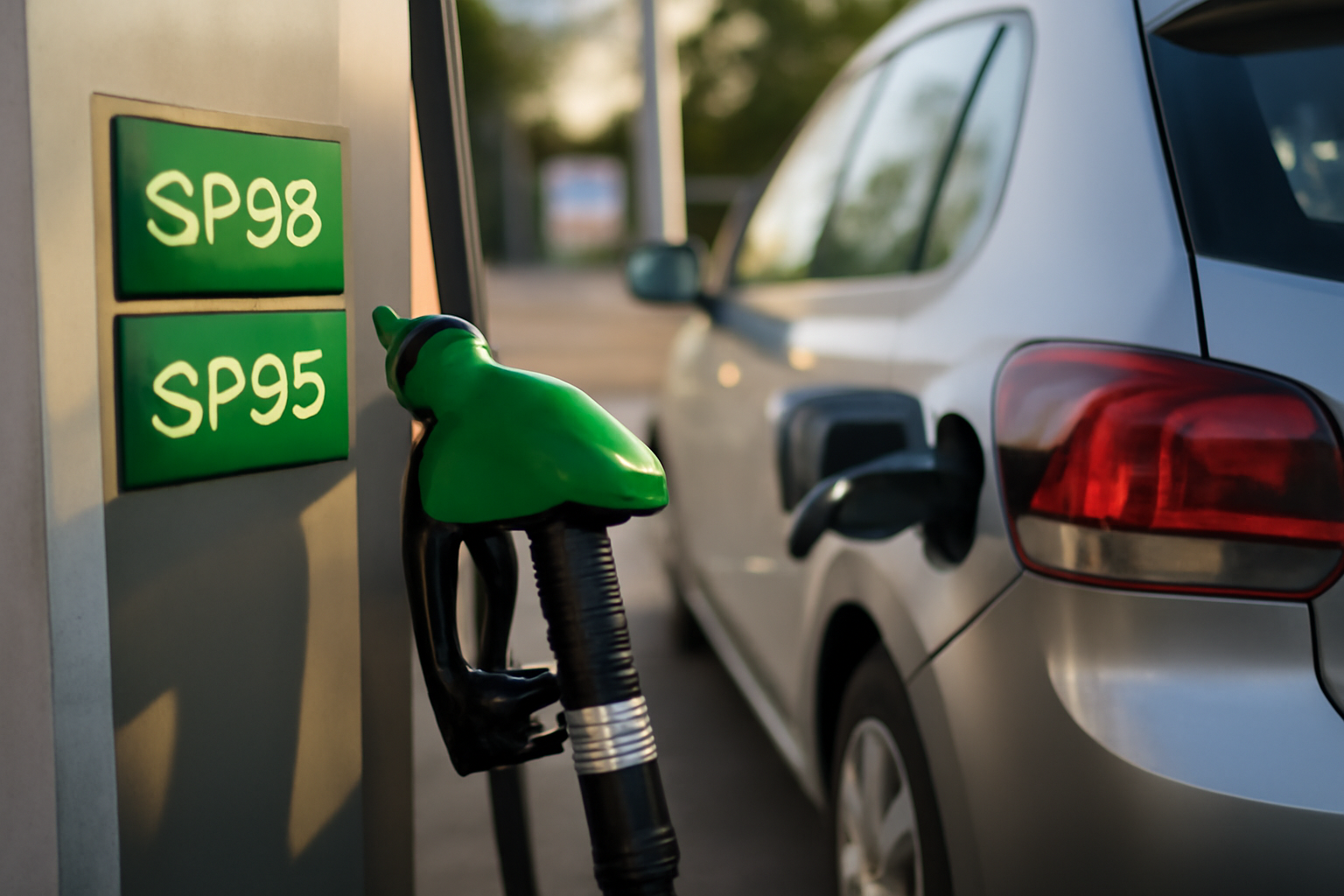 Voiture essence à la pompe avec étiquette carburant SP98 et pistolet noir