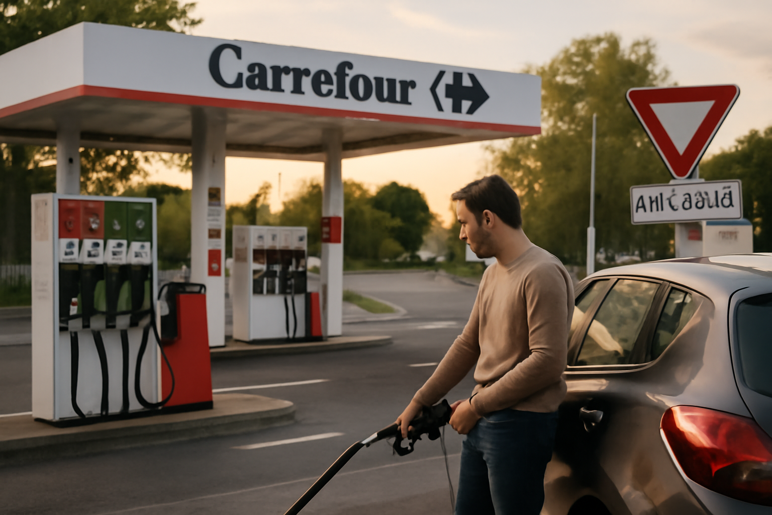 Station service Carrefour Mérignac sur l’avenue de la Somme à 33700, vue réaliste des pompes et véhicules