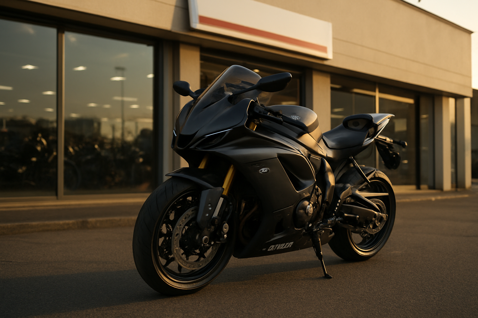 Yamaha R9 garée près d’un concessionnaire, vue trois-quarts avant sous lumière de fin d’après-midi