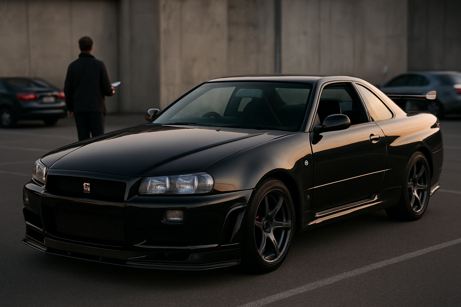 Nissan GT-R R34 noire avec badges et intérieur en cuir, vue trois-quarts dans un parking éclairé au crépuscule