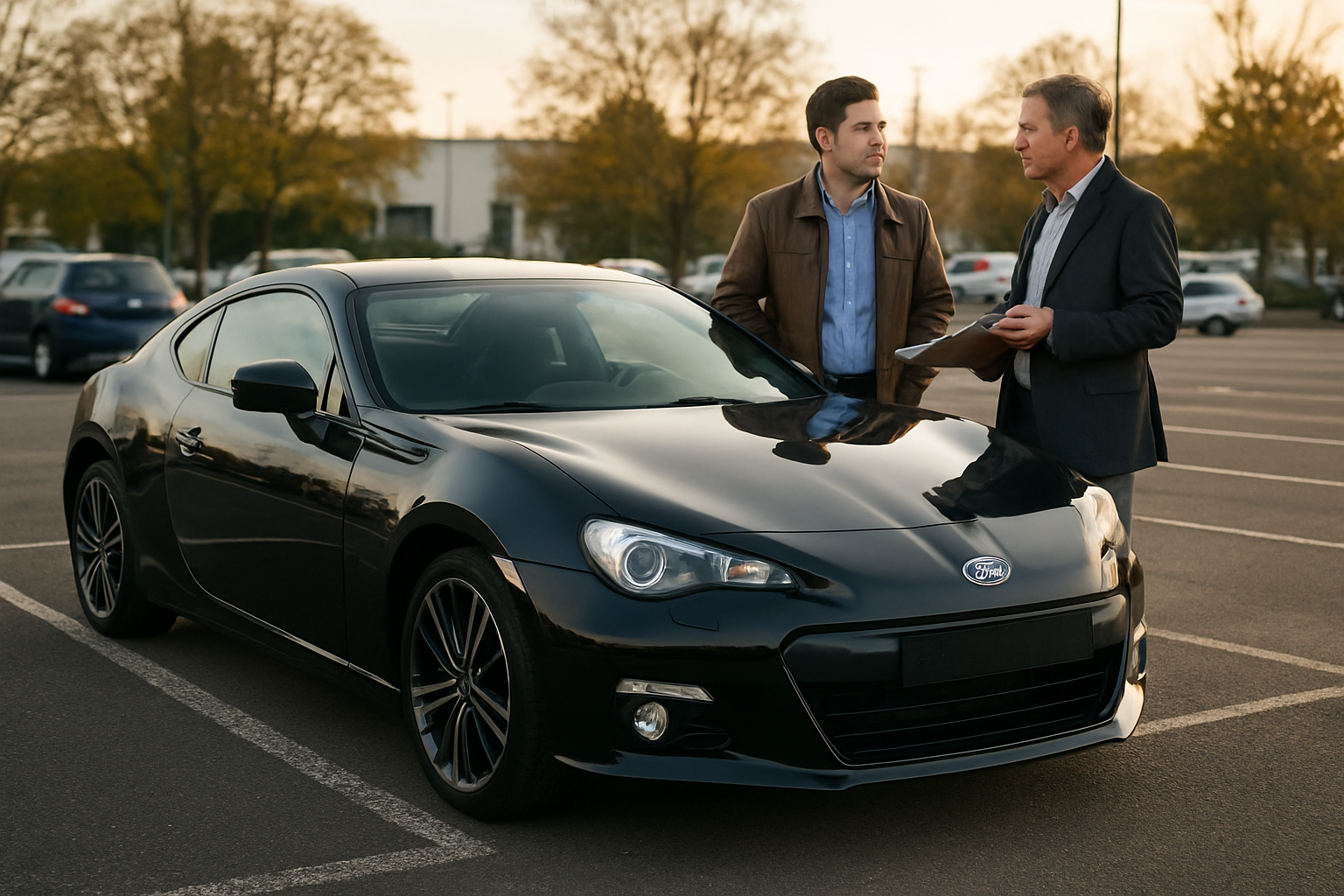 Subaru BRZ coupé noire sur parking, contrôles visuels avant achat d’occasion