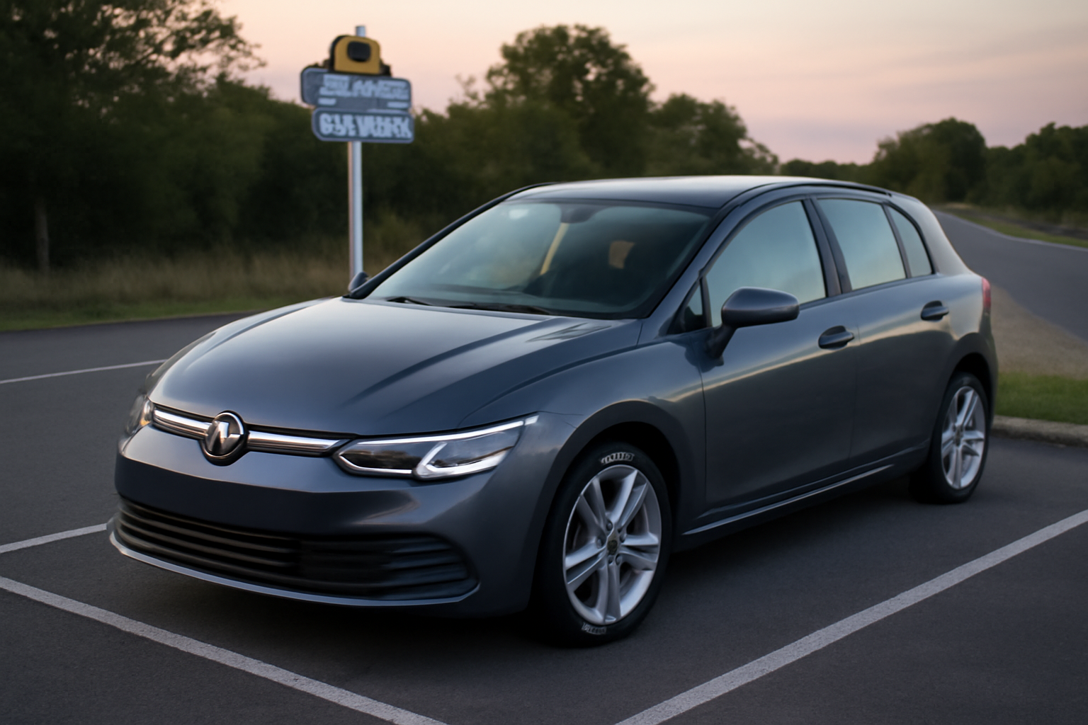 230 golf 9 sur route en France, vue de trois-quarts avant au crépuscule