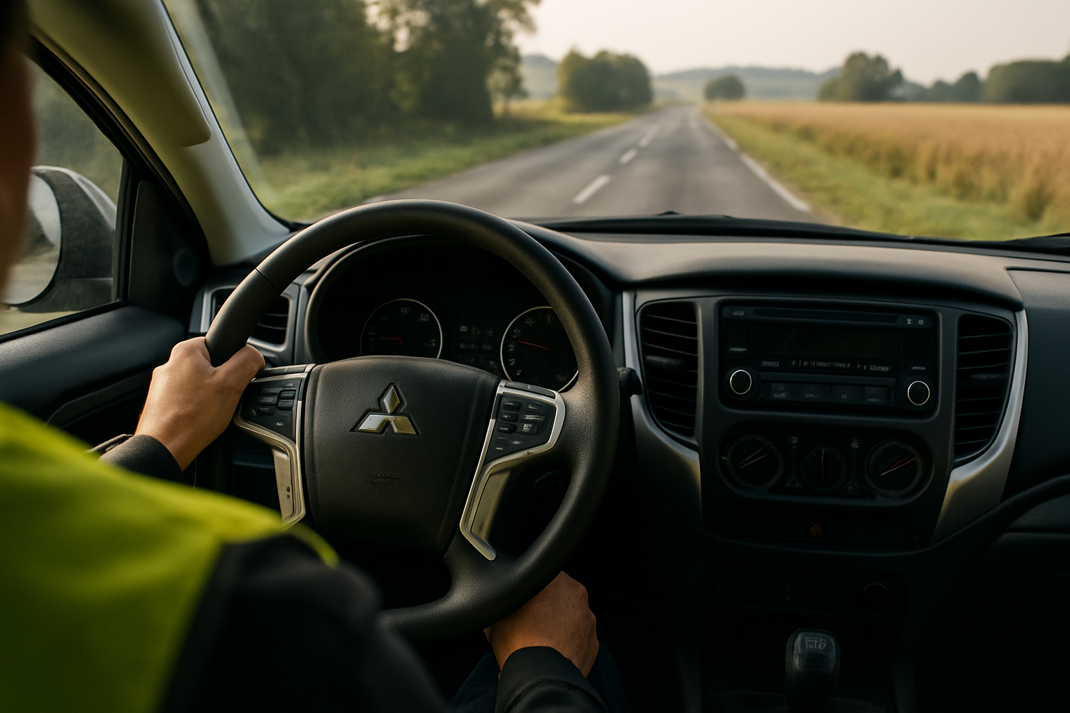 Essai routier d’une Mitsubishi L200 d’occasion : conducteur au volant, contrôle du freinage et des vibrations