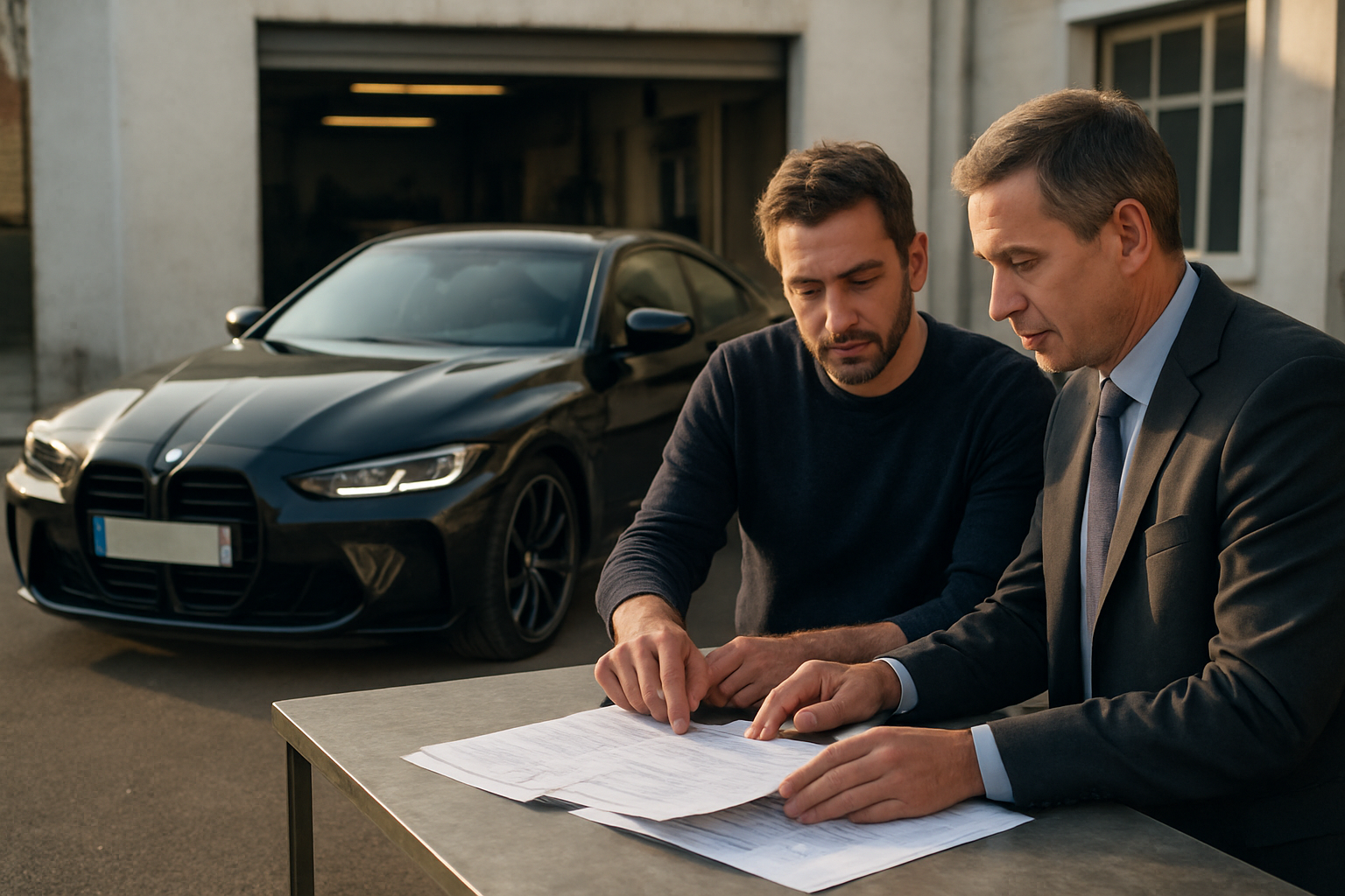 Contrôle technique et documents d’une BMW M4 d’occasion sur table, photo réaliste