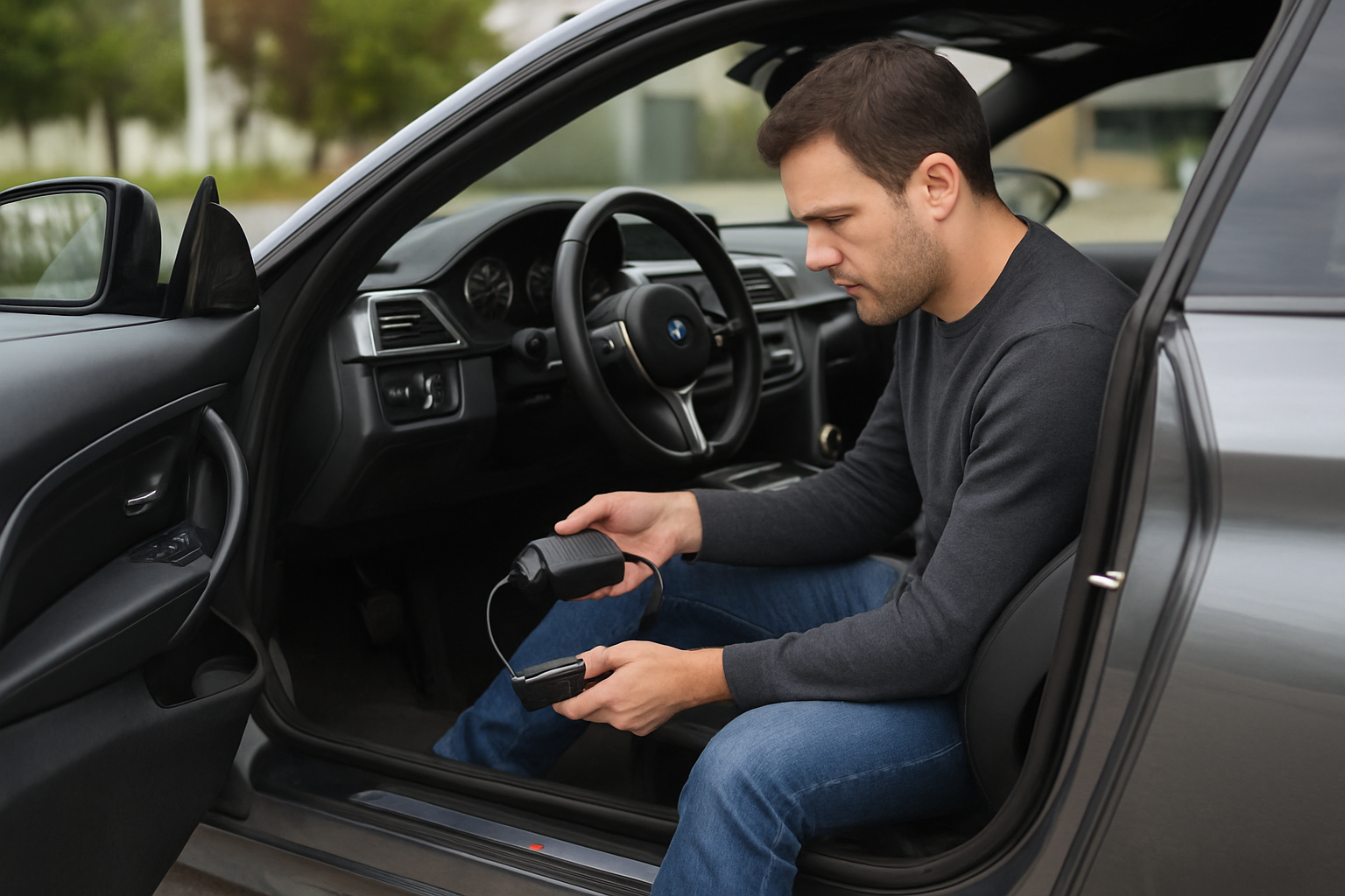 Diagnostic OBD sur prise de BMW M4 pendant un essai, photo réaliste