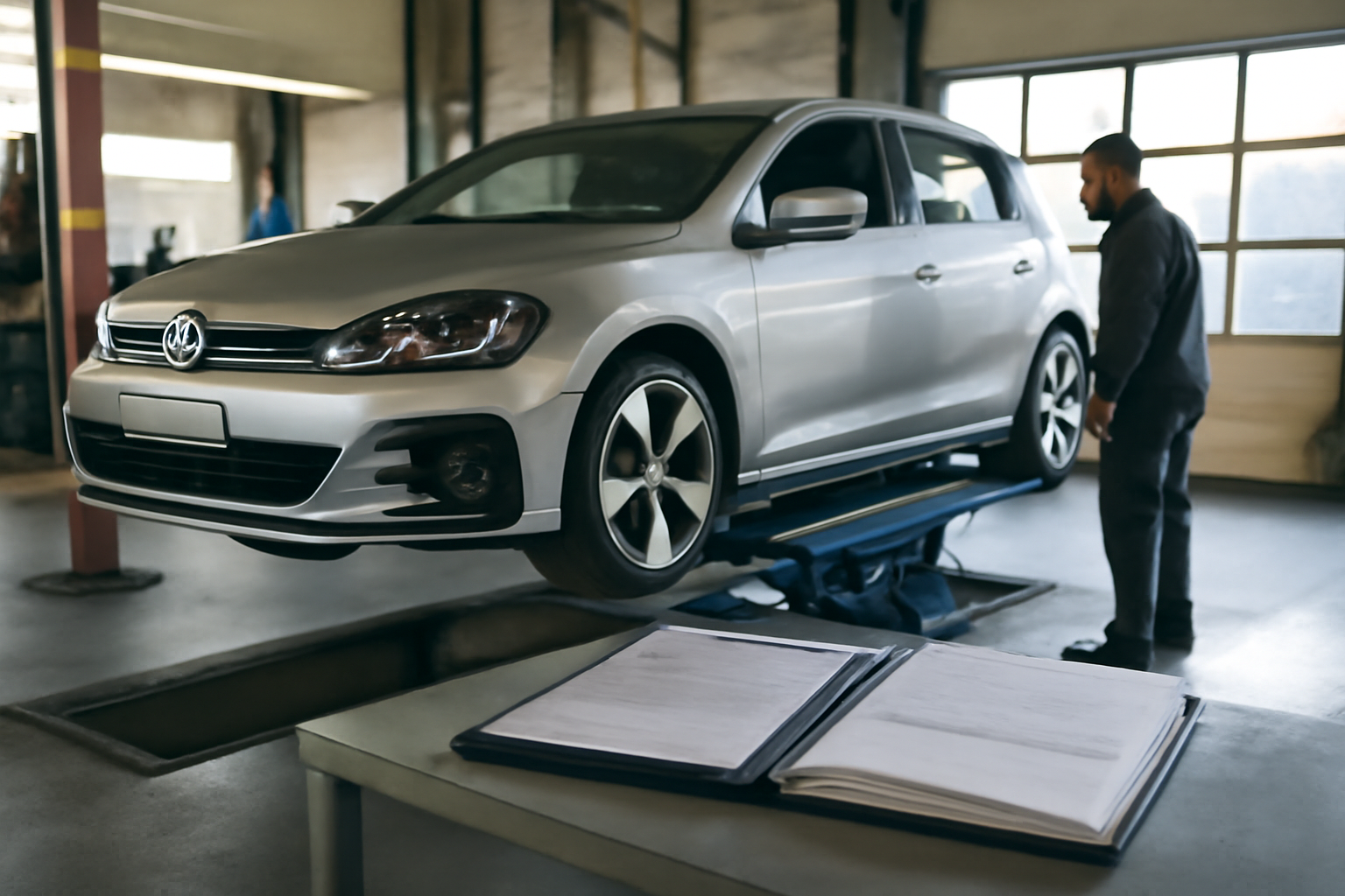 Volkswagen Golf GTI ancienne sur un pont d’inspection, lumière du matin, carrosserie et bas de caisse visibles