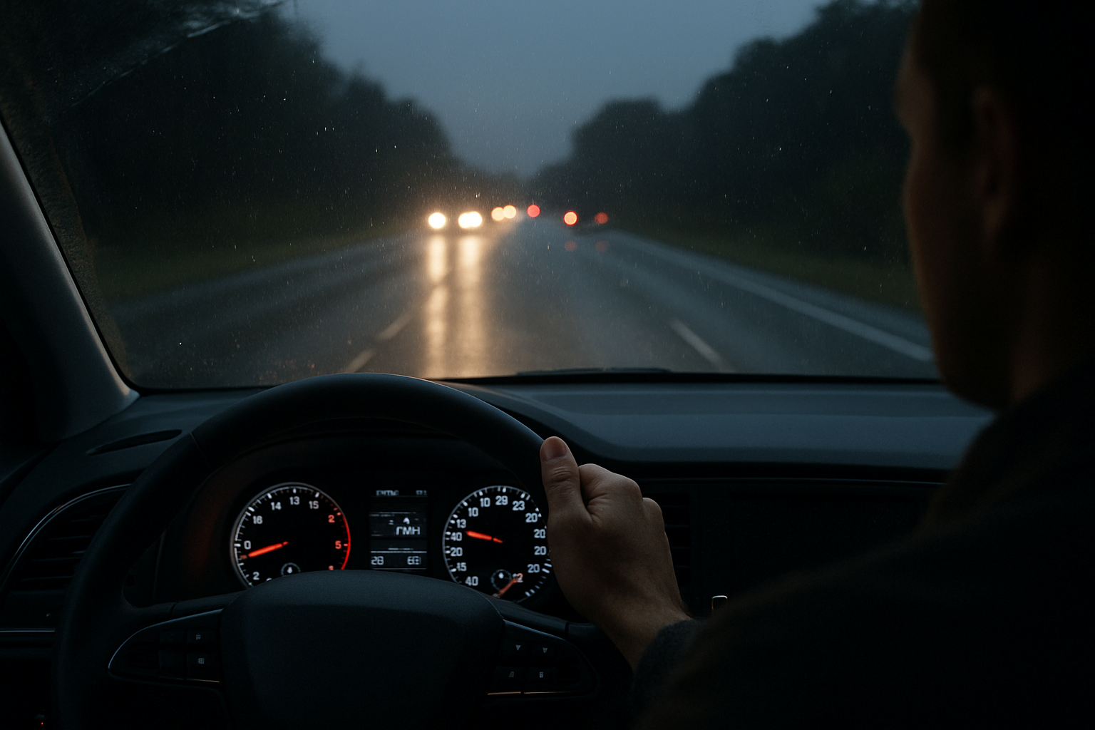 Conducteur de nuit sur route départementale, feux de croisement allumés, faisceau bas et découpé, ambiance pluie légère, scène photo réaliste