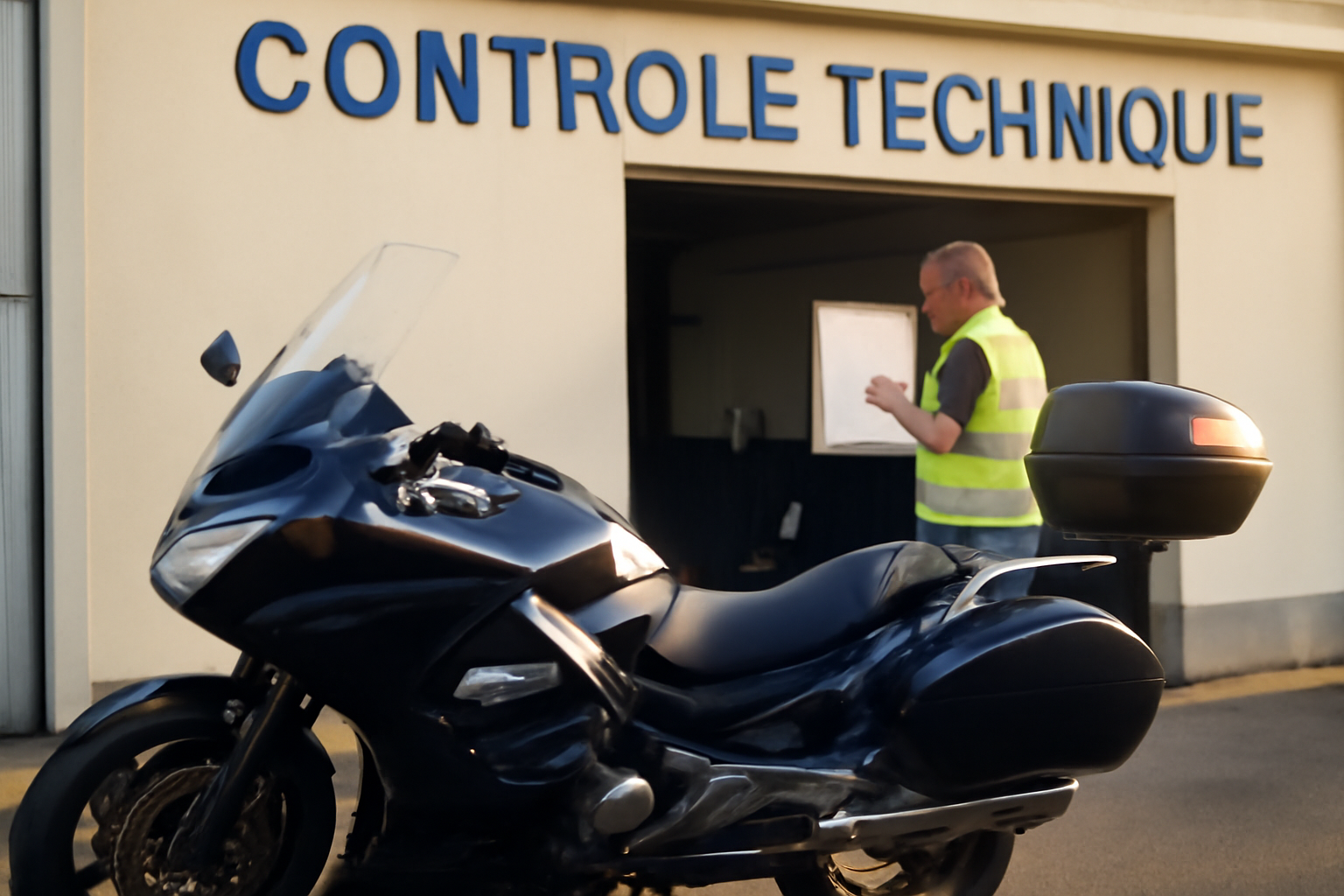 Moto garée devant un centre de contrôle technique moto, ambiance 2026 en France