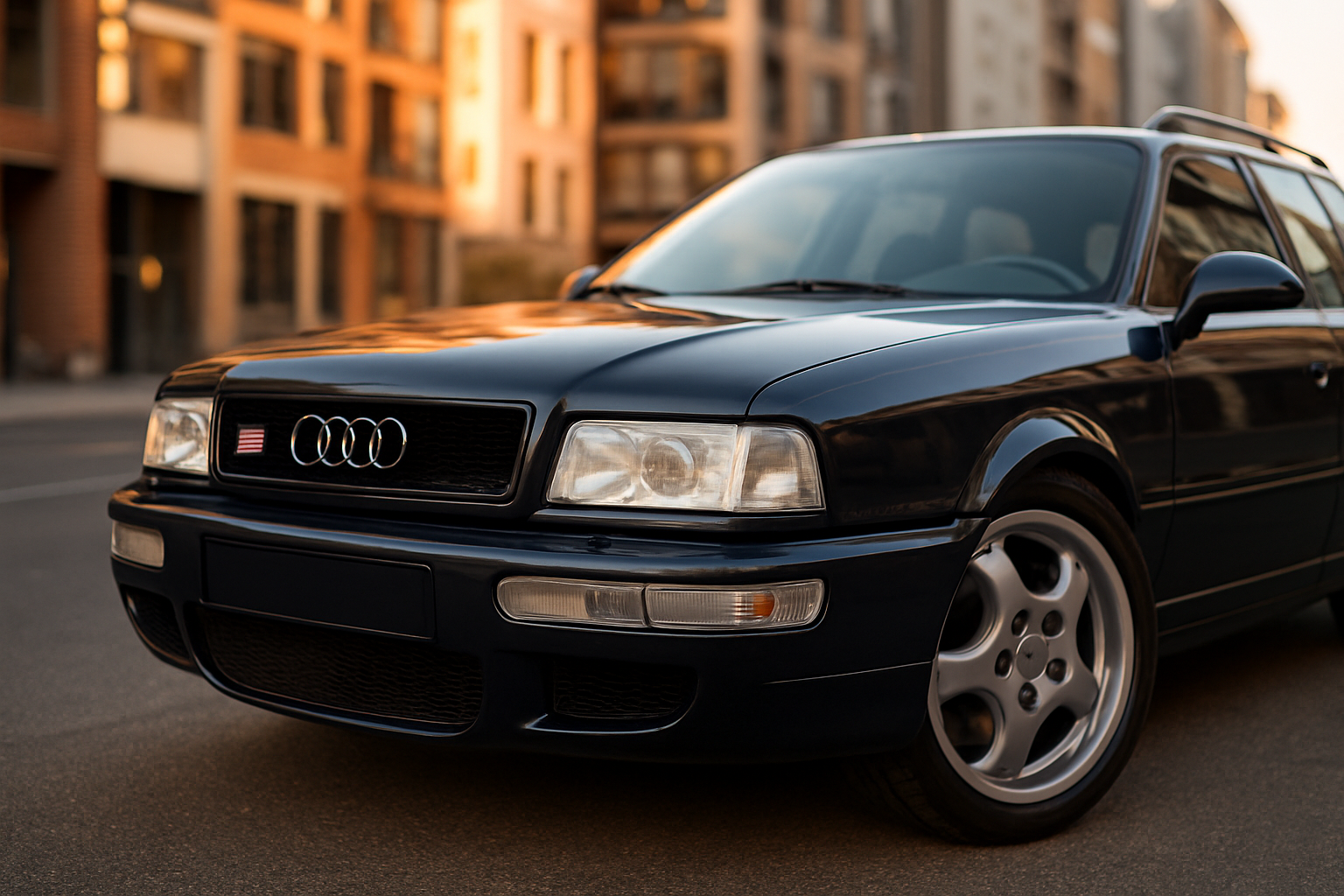 Audi RS2 en stationnement, lumière de fin d’après-midi, détails de carrosserie et roues