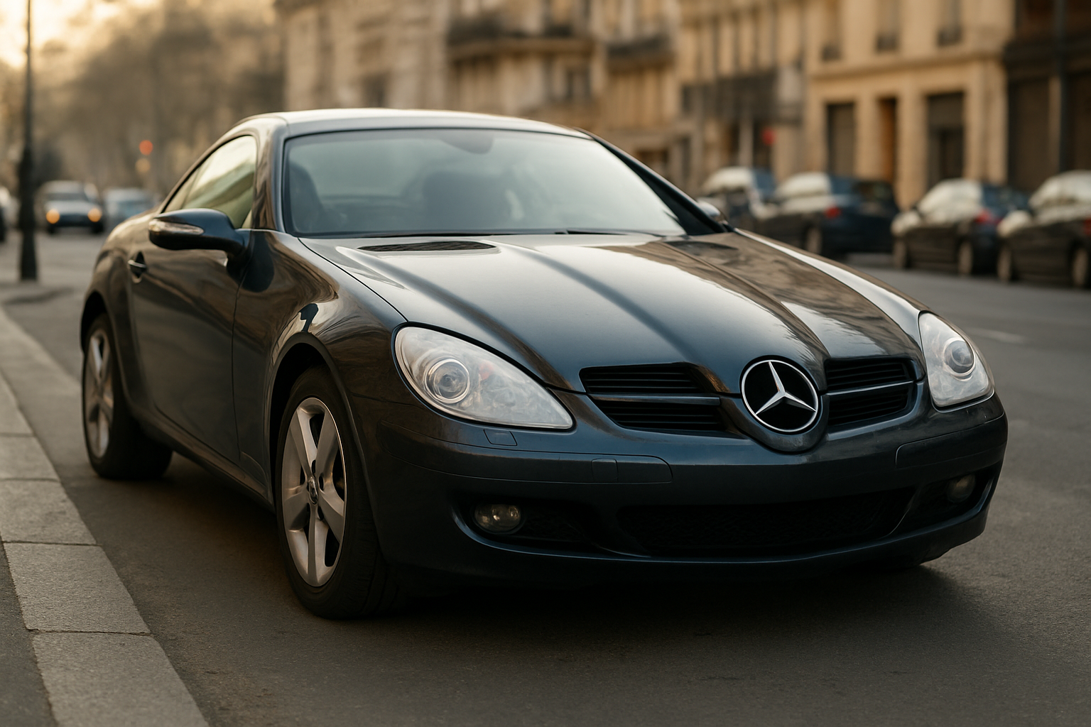 Mercedes-Benz SLK-Class roadster garé en ville, toit fermé, vue avant nette