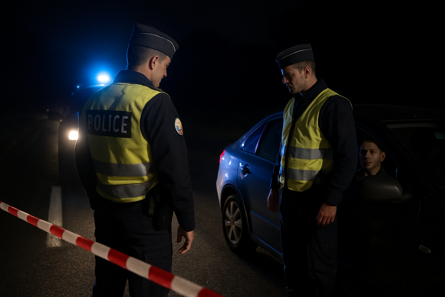 Contrôle routier de nuit avec policiers et ruban de sécurité sur la chaussée