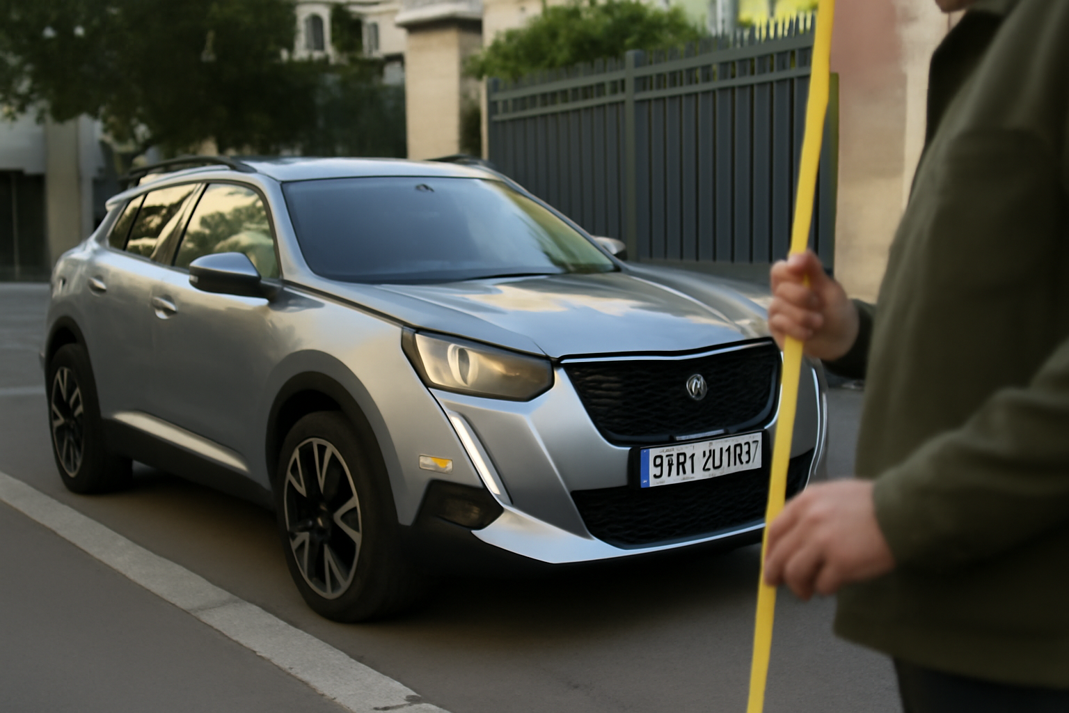Peugeot 2008 garée en ville, vue de trois-quarts avant près d’un portail avec espace de manœuvre