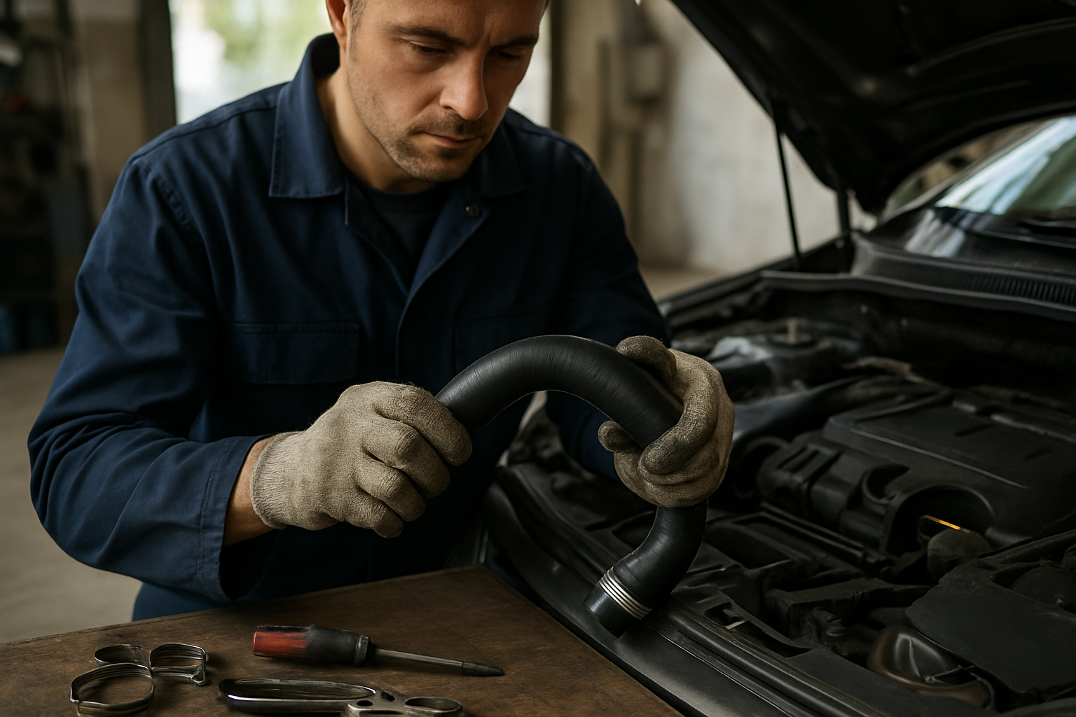 Contrôle d’une durite essence neuve sous le capot, avec colliers et chiffons de vérification