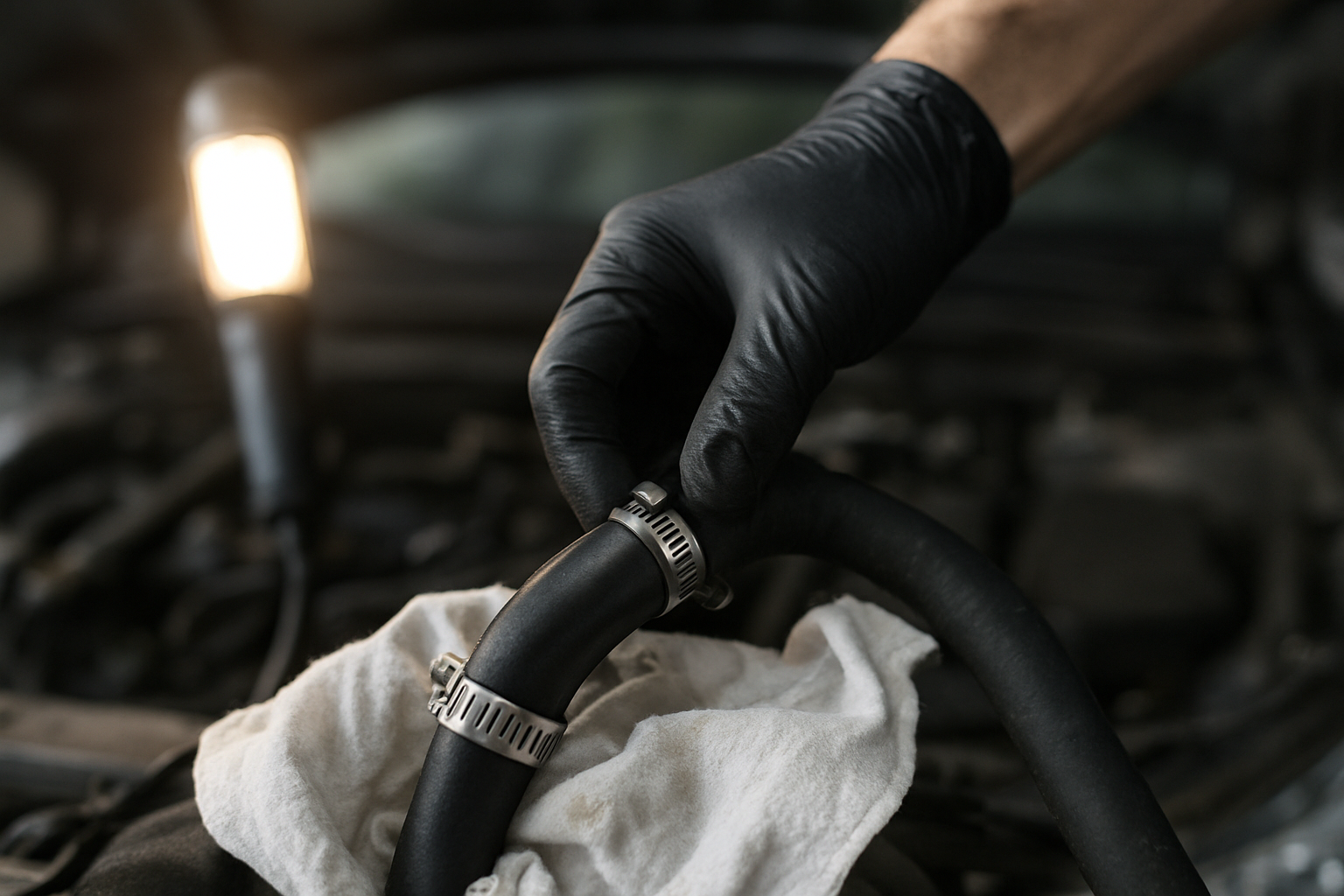 Vérification d’une durite essence et des colliers après démarrage, traces humides contrôlées