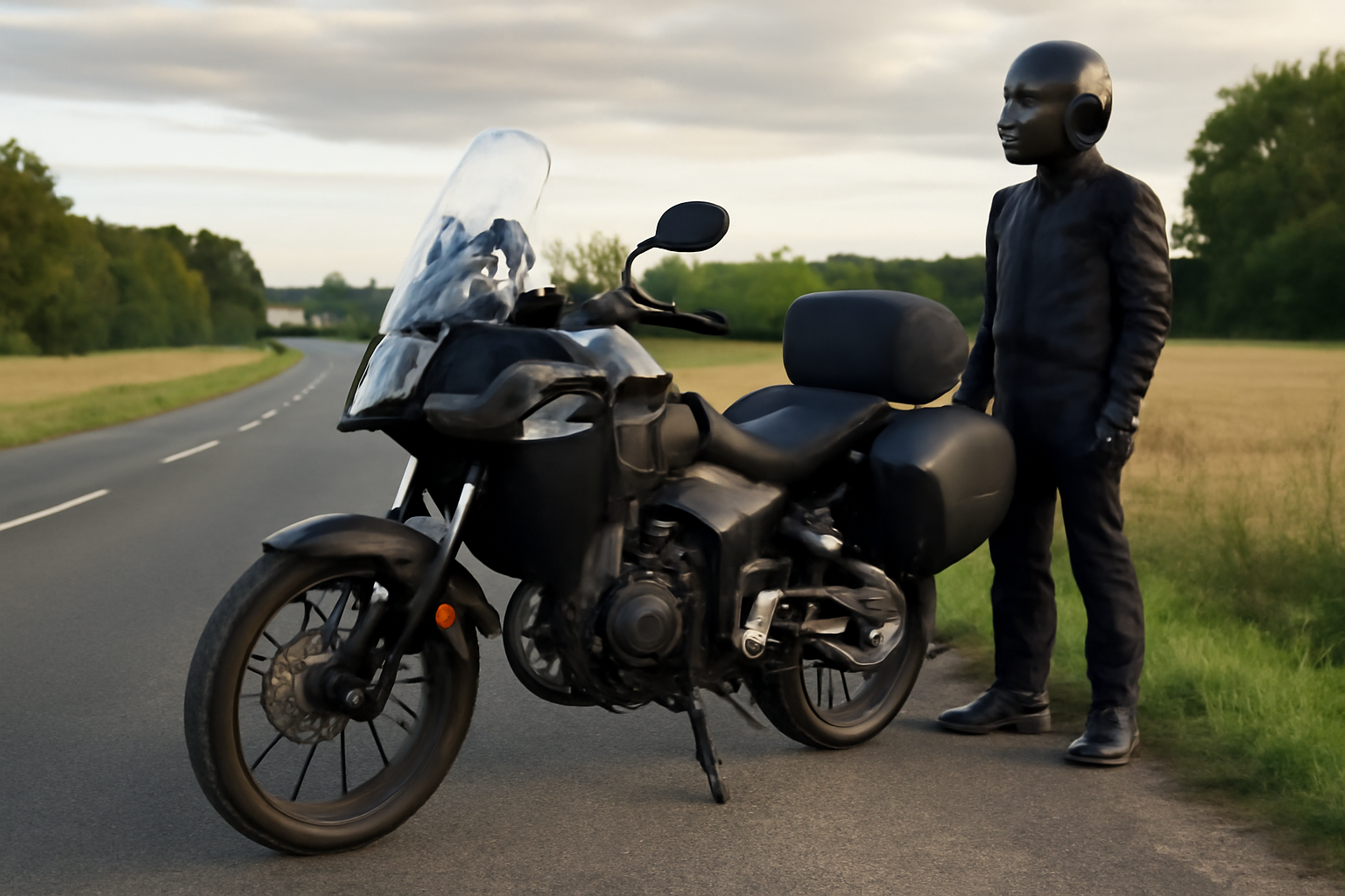 Honda CB500X en situation sur route départementale, pare-brise et valises visibles