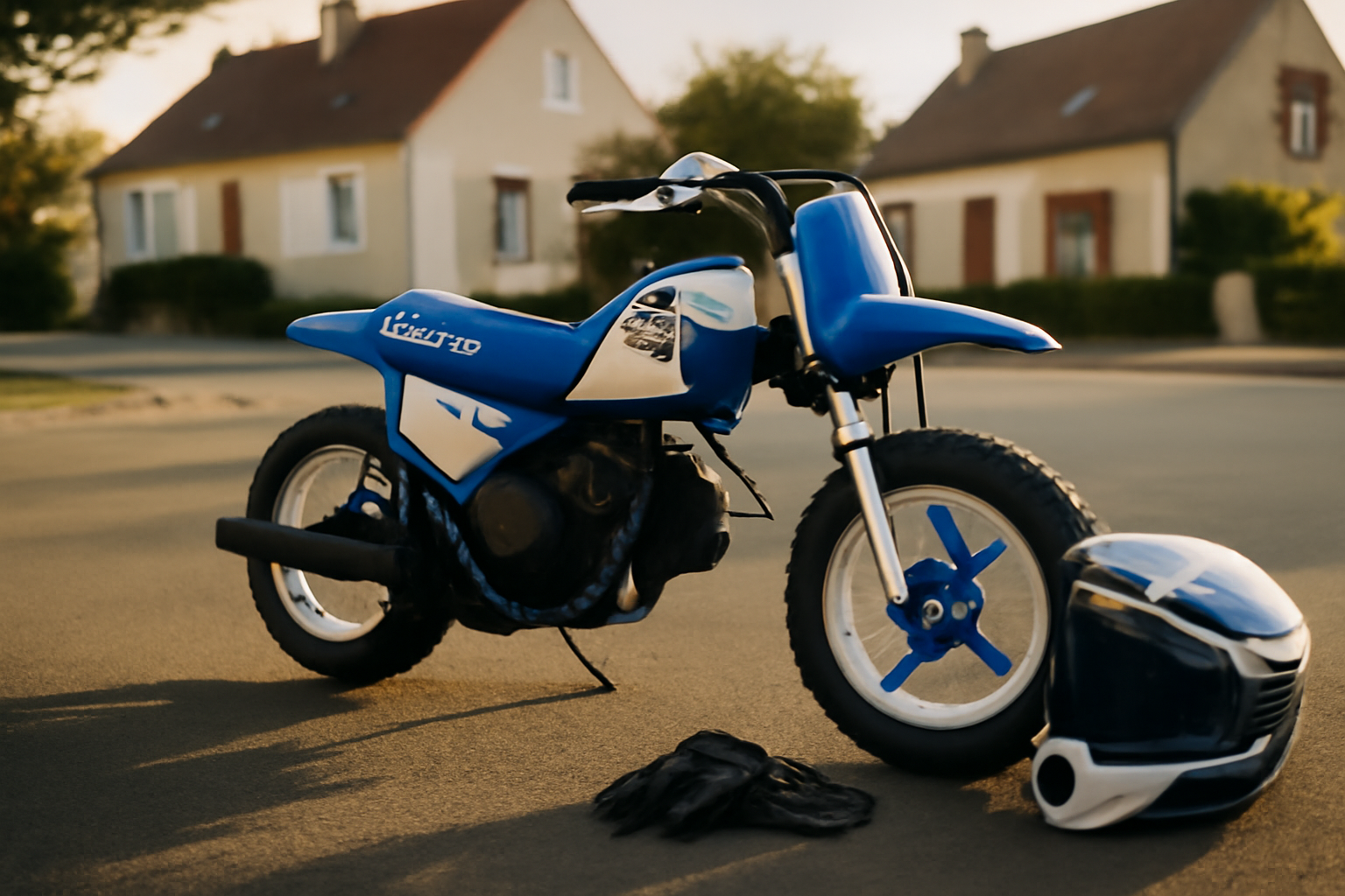 Yamaha PW50 (peewee 50) propre sur un parking, lumière de fin d’après-midi, détails du guidon et du carénage
