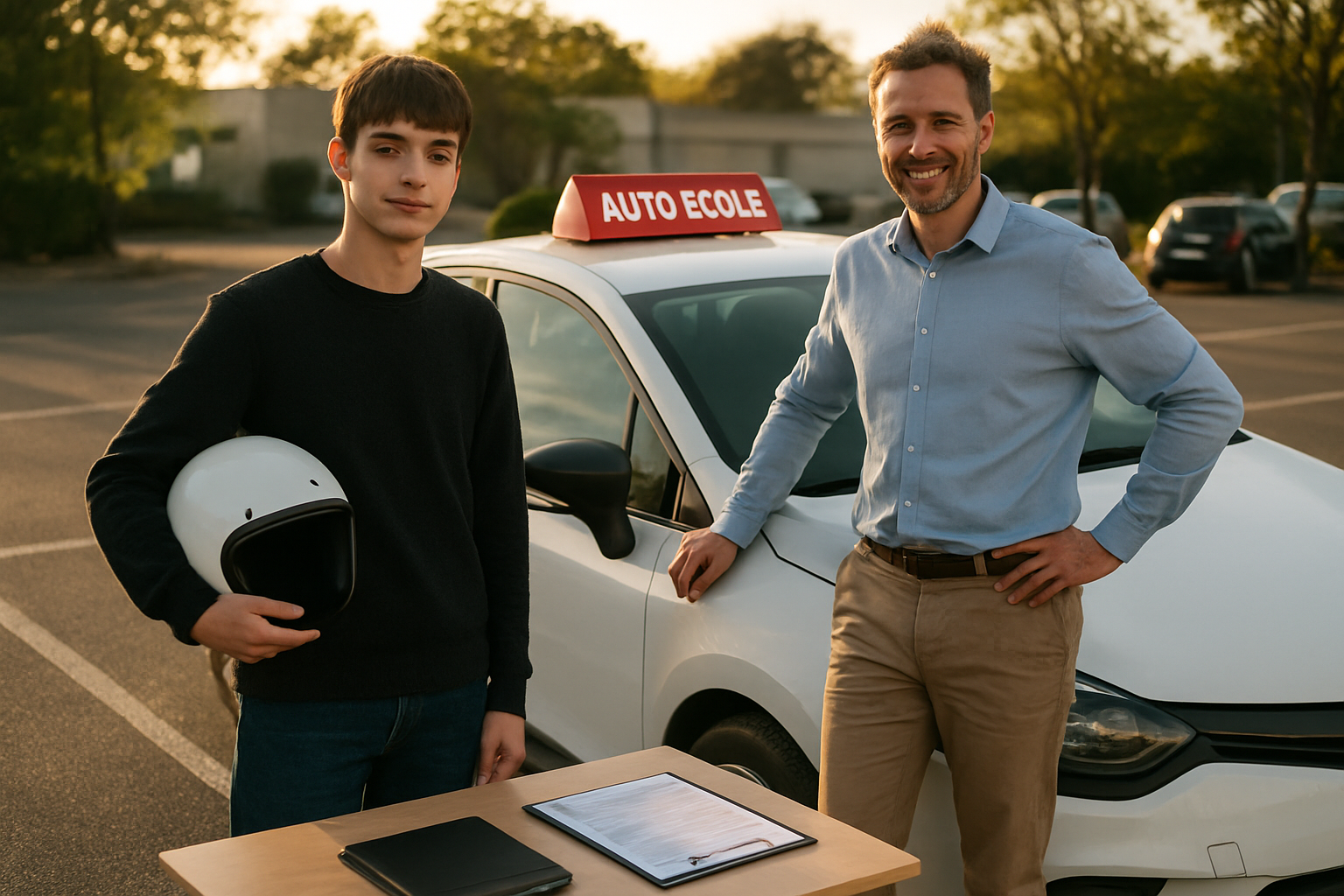 Jeune candidat avec auto-école vérifiant son dossier pour le permis B à 17 ans devant un véhicule pédagogique