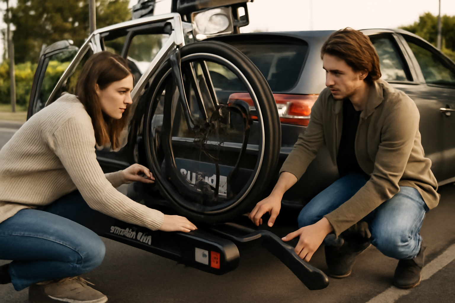 porte velo decathlon sur attelage avec deux vélos, préparation avant départ sur parking en France
