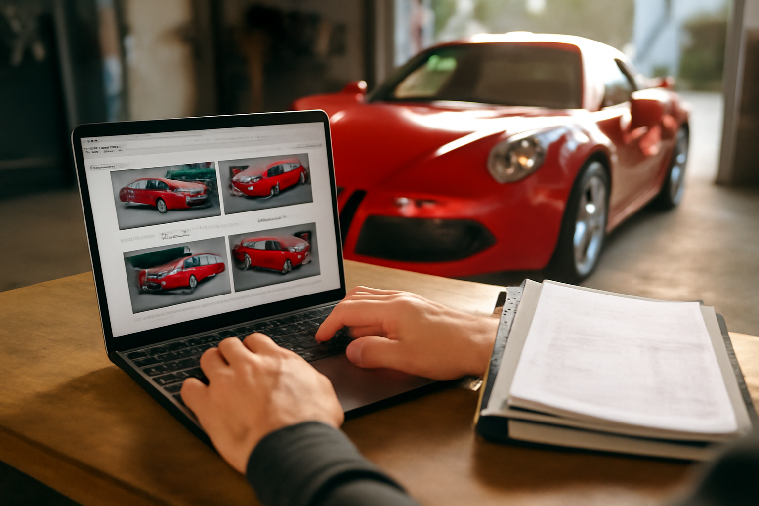 Romeo alfa 4c d’occasion : comparaison d’annonces sur ordinateur et dossier papier en France, lumière de fin d’après-midi, scène réaliste