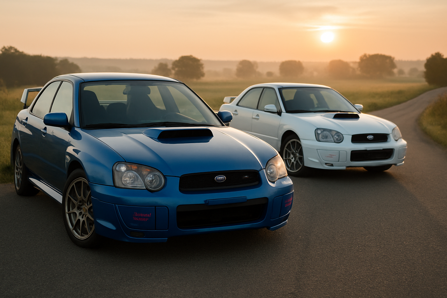 Subaru Impreza WRX et STI garées sur une route de campagne sous la lumière du matin