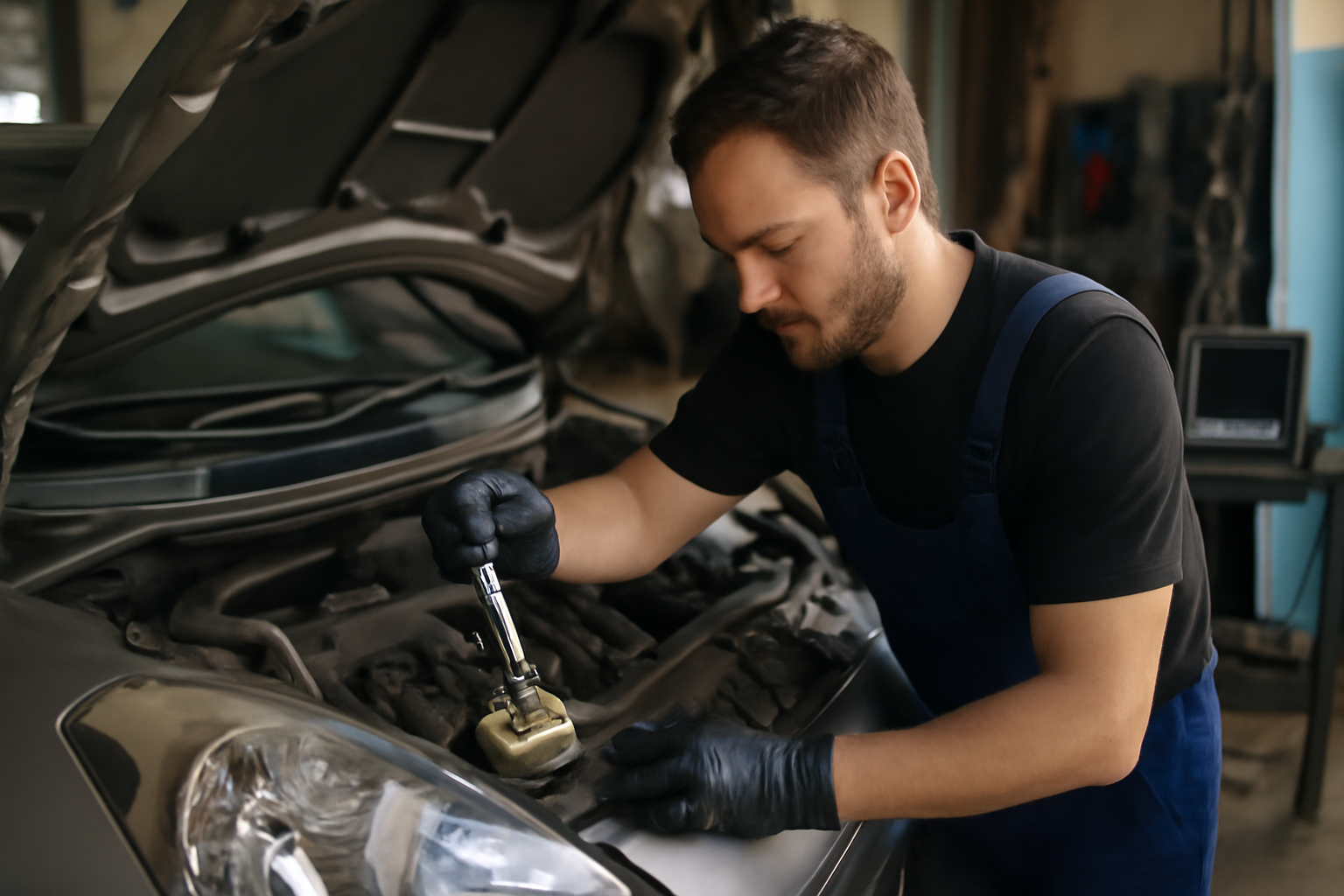 Mécanicien contrôle le niveau de liquide de refroidissement sur une voiture au capot ouvert, lumière de garage, gants et jauge visibles