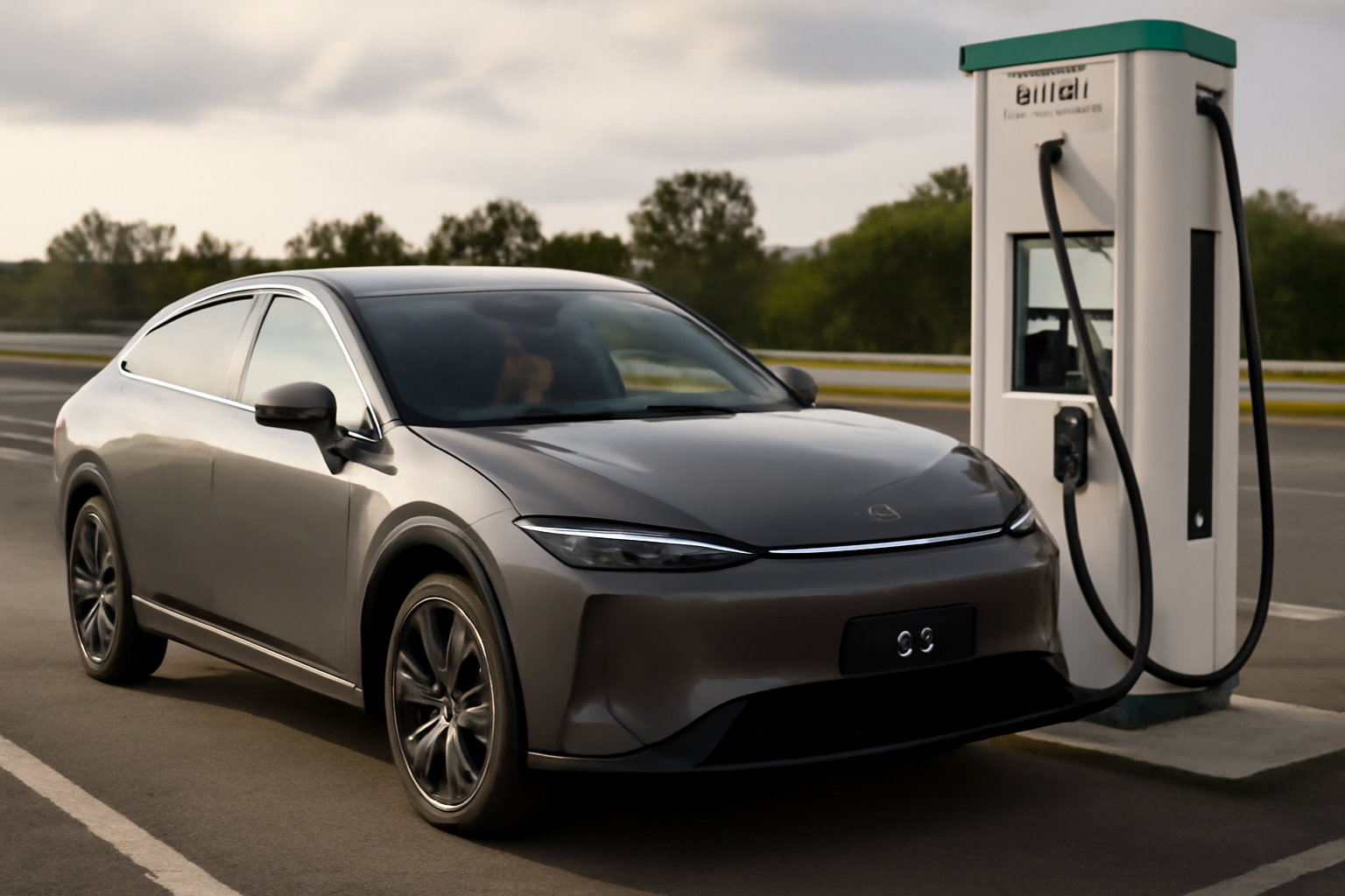 XPENG G6 en charge rapide sur une station de recharge en France, lumière de fin d’après-midi