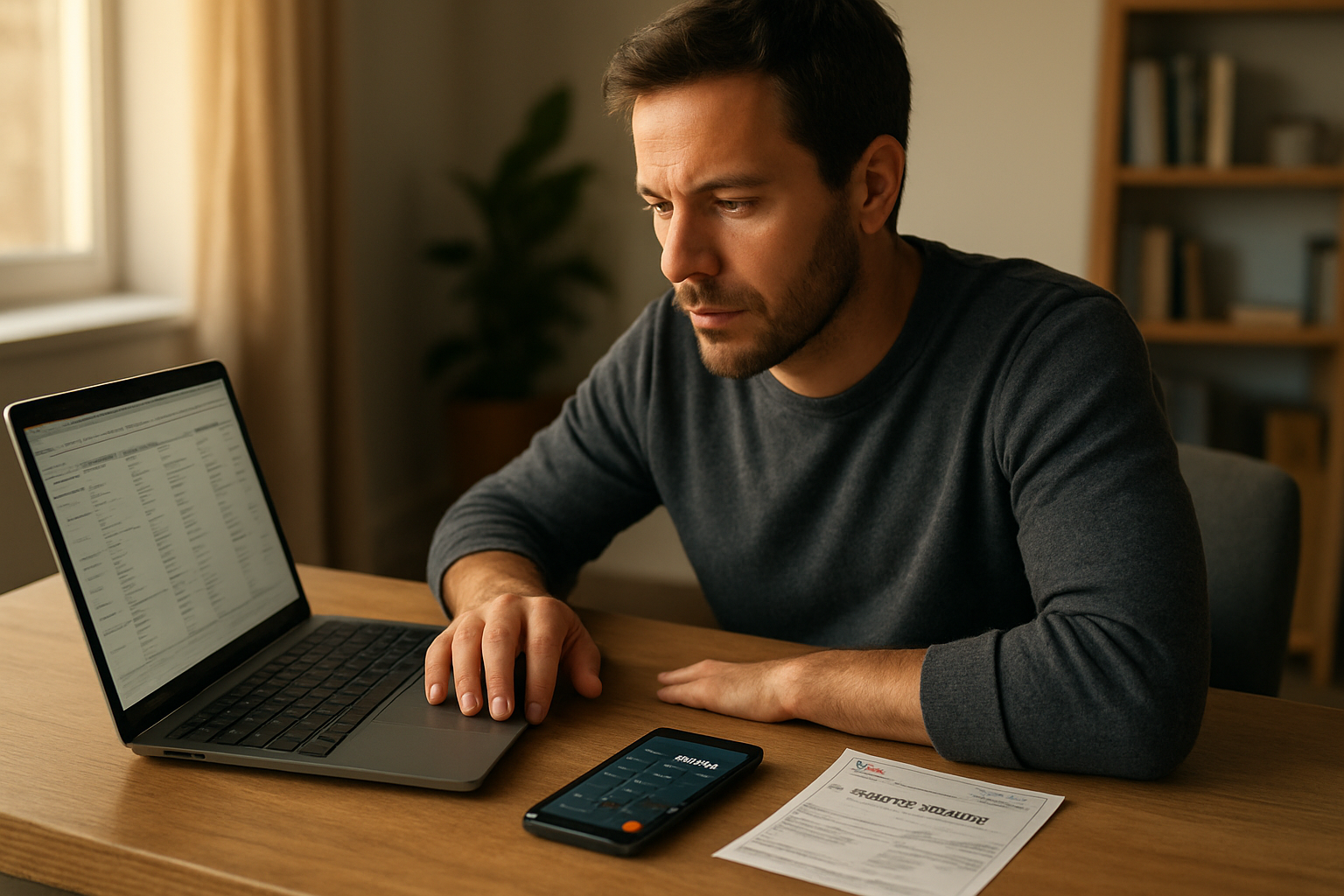Calcul de cote Argus gratuite sur un écran avec la carte grise et un téléphone, lumière naturelle
