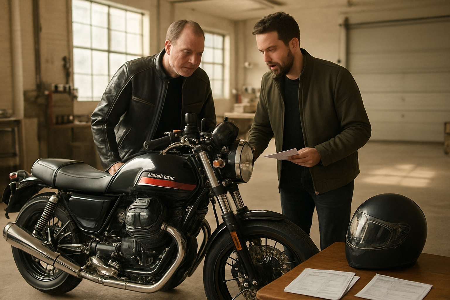 Moto Guzzi d’occasion inspectée sur une place de garage, lumière du matin, documents et casque posés sur une table