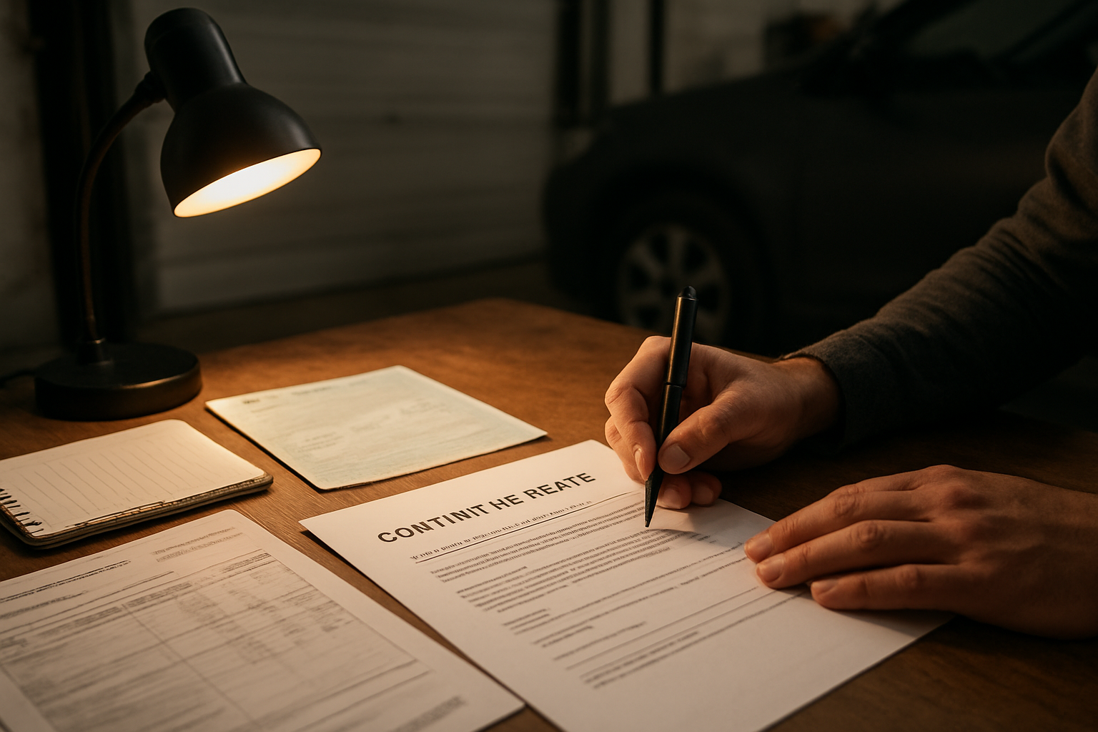 Contrat de vente et documents de maintenance posés sur un bureau, avec un stylo et une lampe de garage