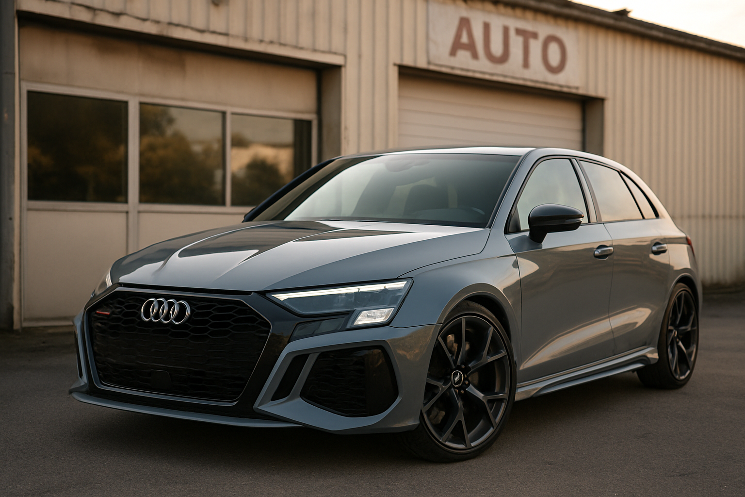 Audi RS3 gris Nardo d’occasion en stationnement devant un garage, vue avant nette