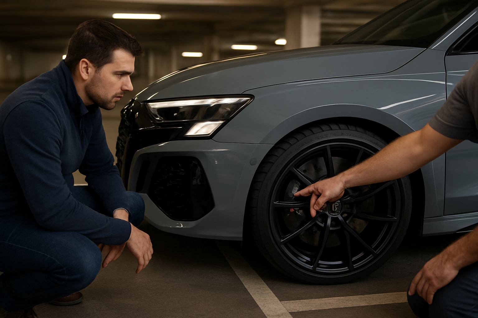 Inspecter des freins et l’usure des pneus sur une Audi RS3 gris Nardo lors d’une visite